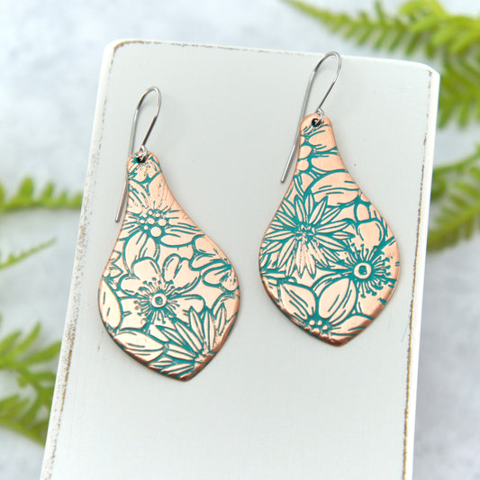 Large Floral Patterned Copper Drop Earrings