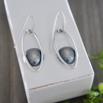 Sterling Silver Open Marquise Earrings With a Textured Circle