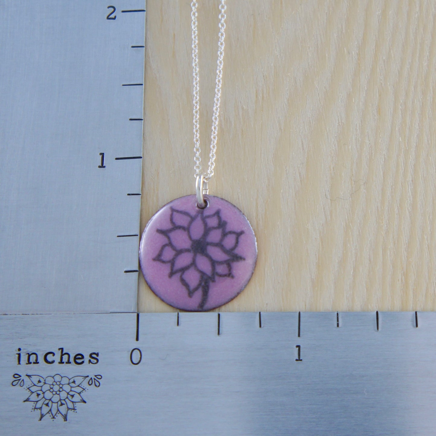 Enamel Disc Necklace With Drawn Flower