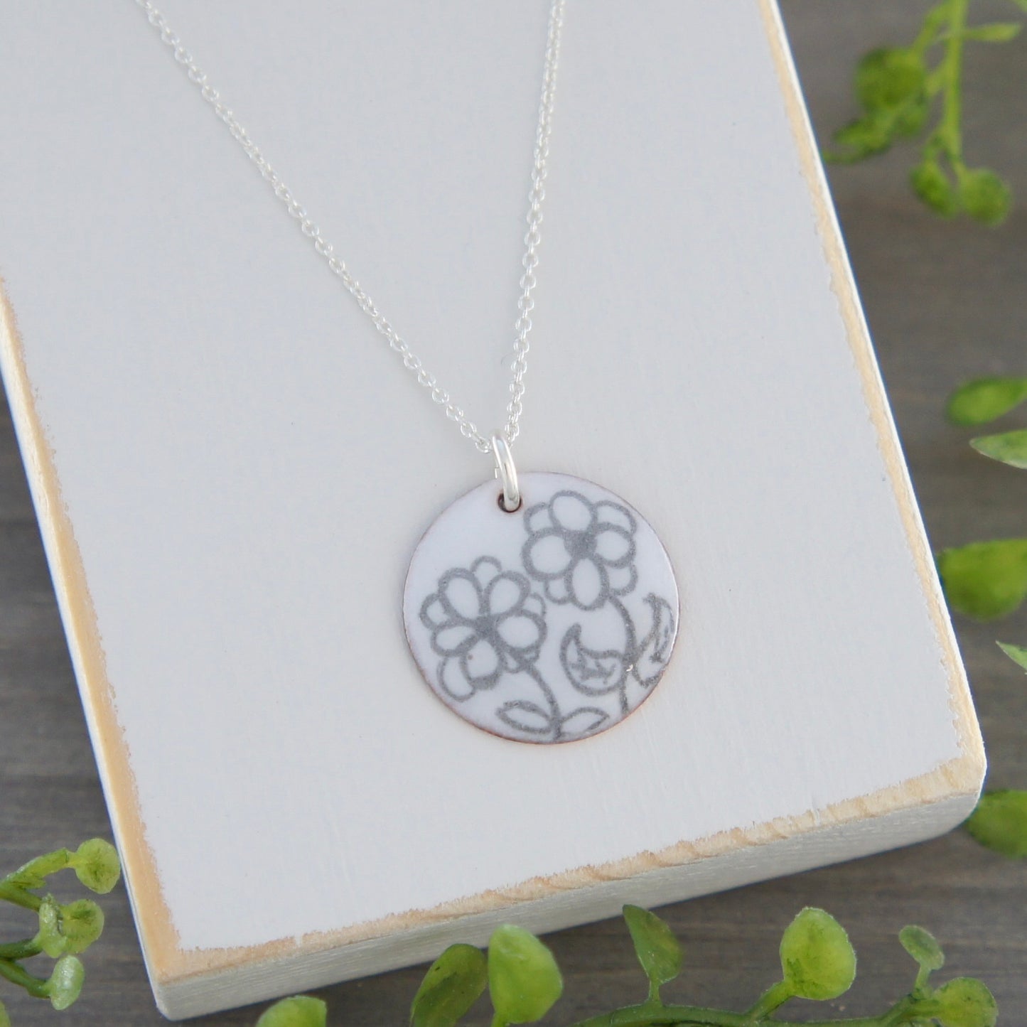 Enamel Disc Necklace With Drawn Flower