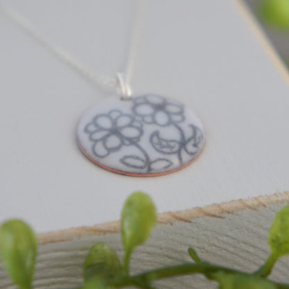 Enamel Disc Necklace With Drawn Flower