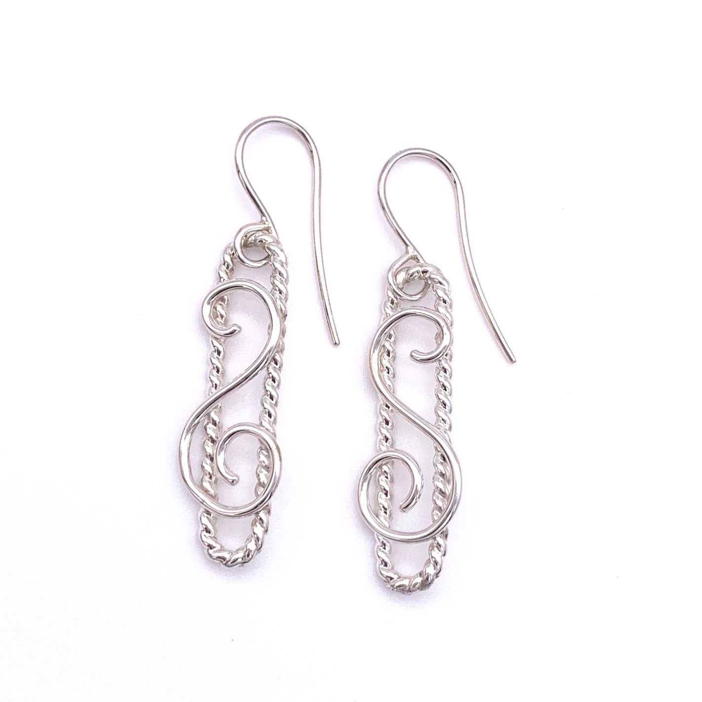 Sterling Silver Long Twisted Wire with Swirl Earrings