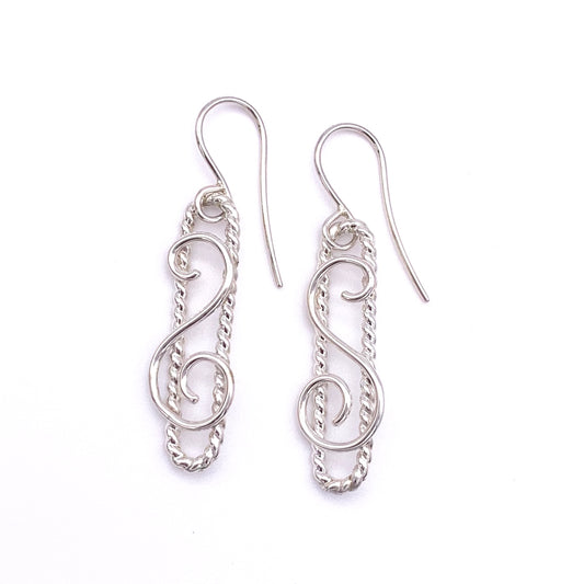 Sterling Silver Long Twisted Wire with Swirl Earrings