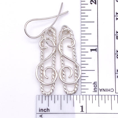 Sterling Silver Long Twisted Wire with Swirl Earrings